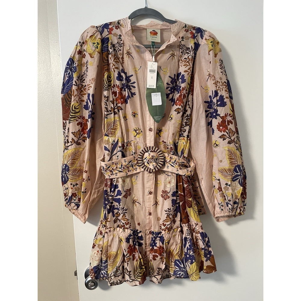 FARM Rio Beauty Bouquet Puff-Sleeve Mini Dress Sz M Pink Long Sleeve NWT $230